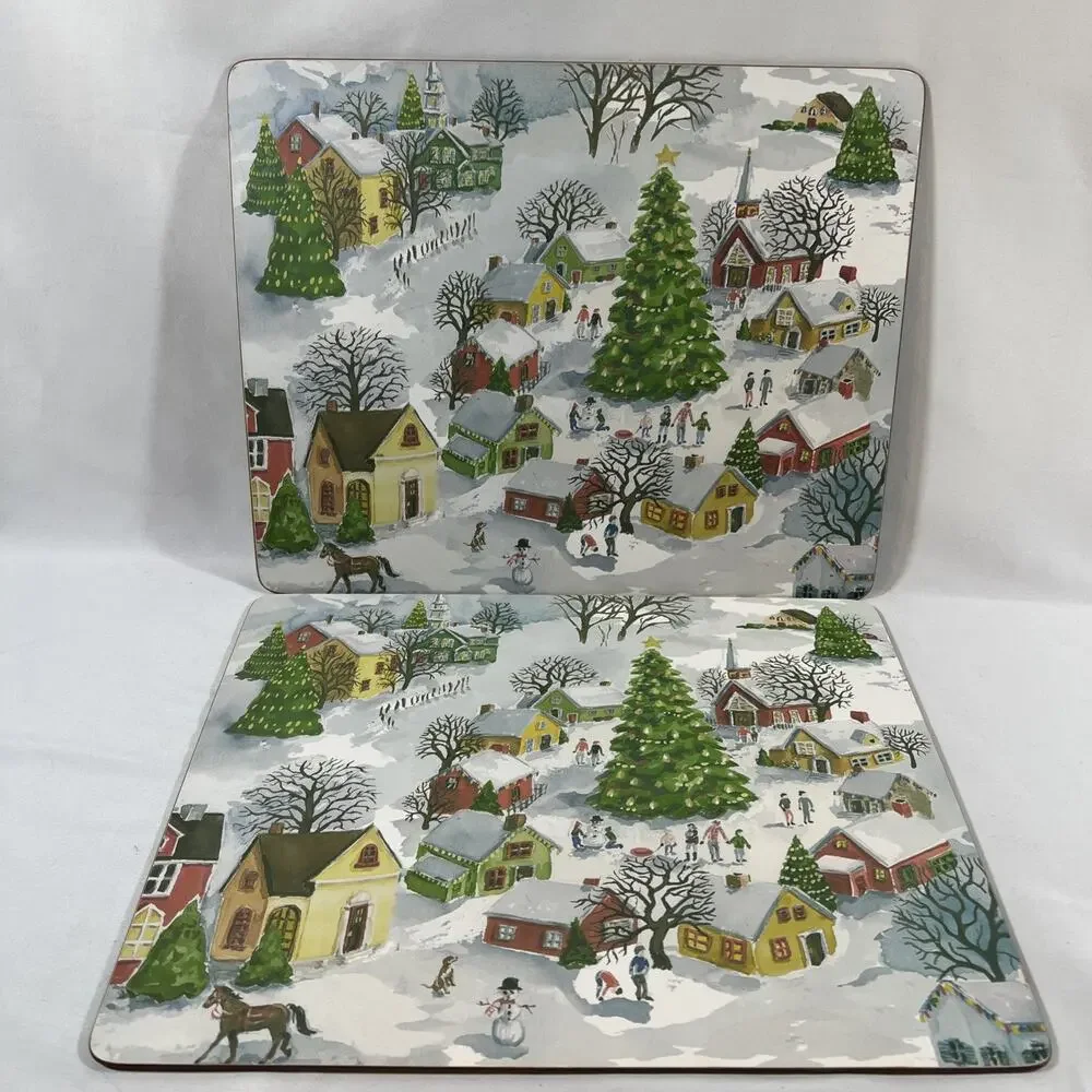 Pottery Barn Winter Village Set of 2 Christmas Placemats Cork Mat Hard Boards